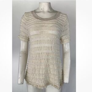 Anthropologie Sz M Knit Fringe Trim Top Cream Cotton Viscose Sheer Pullover